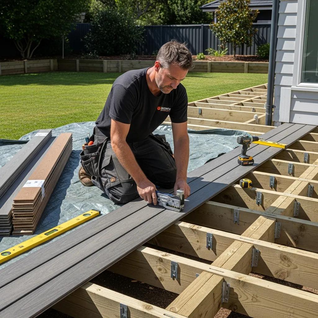Professional deck builders installing a composite deck at a residential property in Tampa, Florida